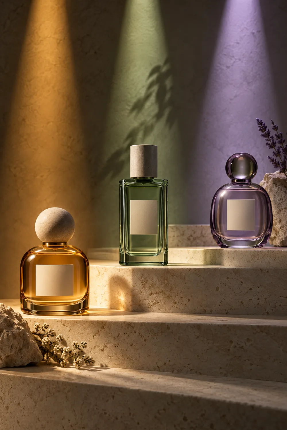 Three minimalist fragrance bottles illuminated on limestone steps