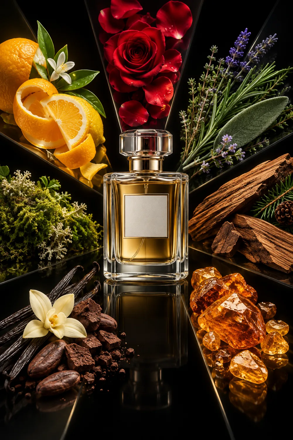 Seven fragrance ingredient families arranged around a clear bottle