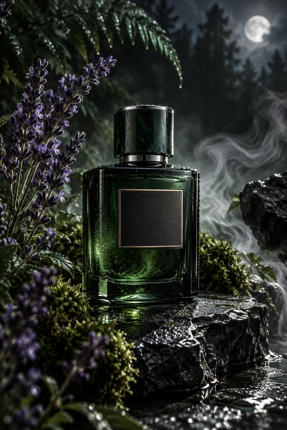 Cool green fragrance bottle with lavender, fern, moss, and mineral steam