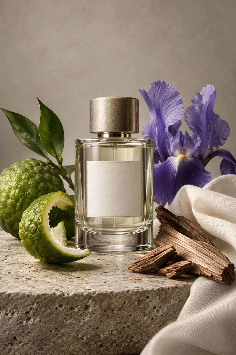 Fragrance bottle with bergamot, iris, cedar, and soft white fabric