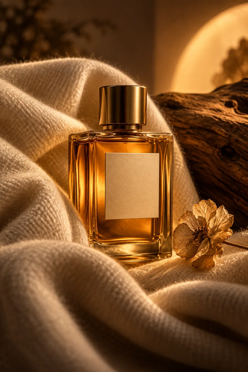 Warm amber fragrance bottle nestled in cream fabric and golden light