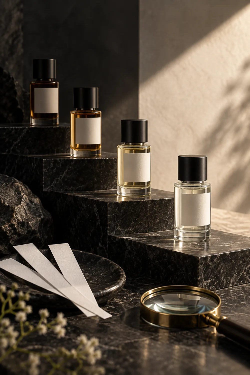Four sample vials moving from shadow into light with scent strips
