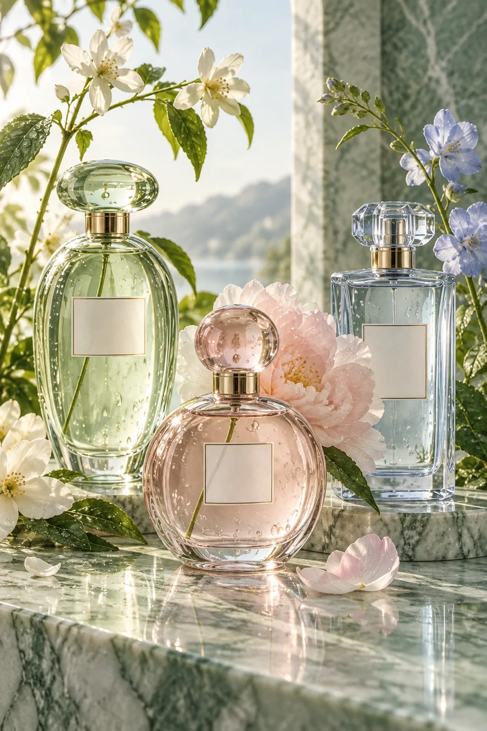 Pastel glass fragrance bottles with fresh stems and dewdrops
