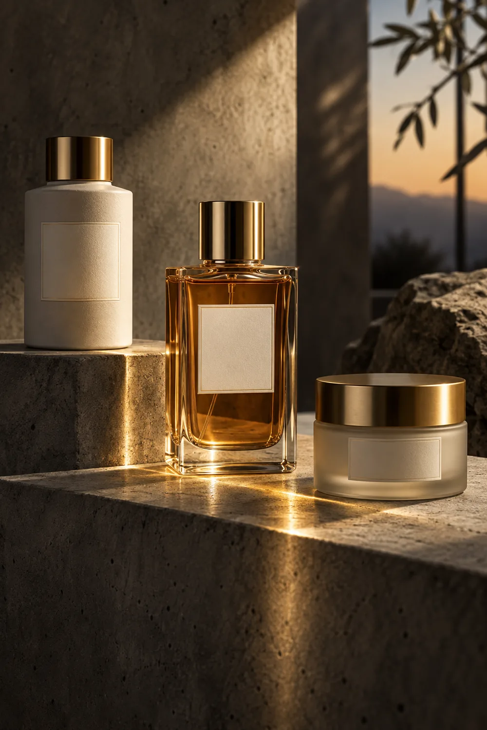 Three versatile fragrance bottles arranged on raw concrete