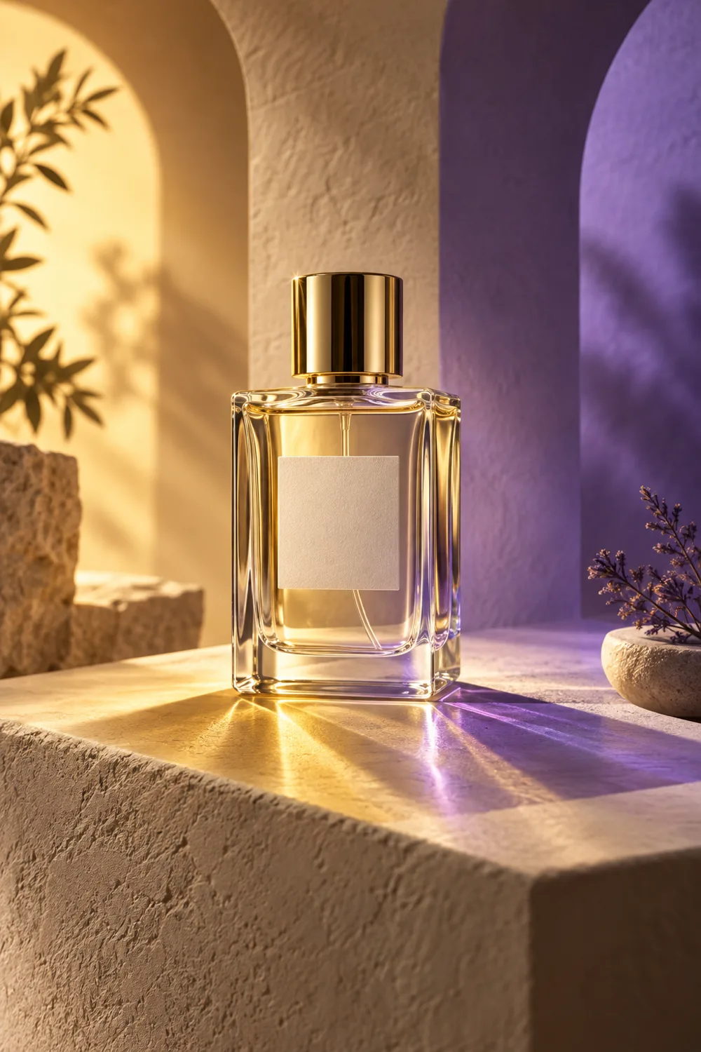 Clear fragrance bottle casting gold and violet mood shadows