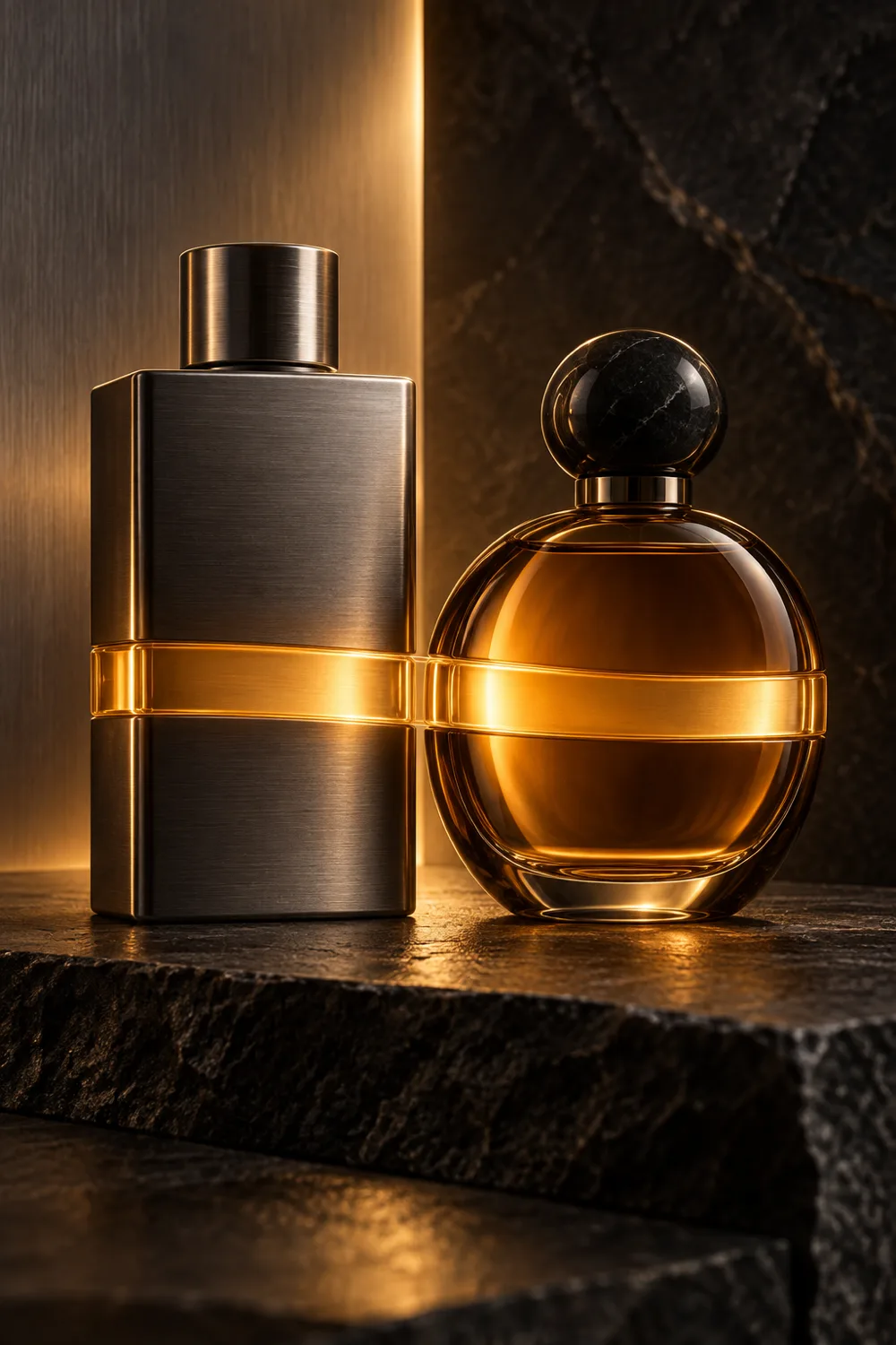 Two different unbranded fragrance bottles connected by warm light