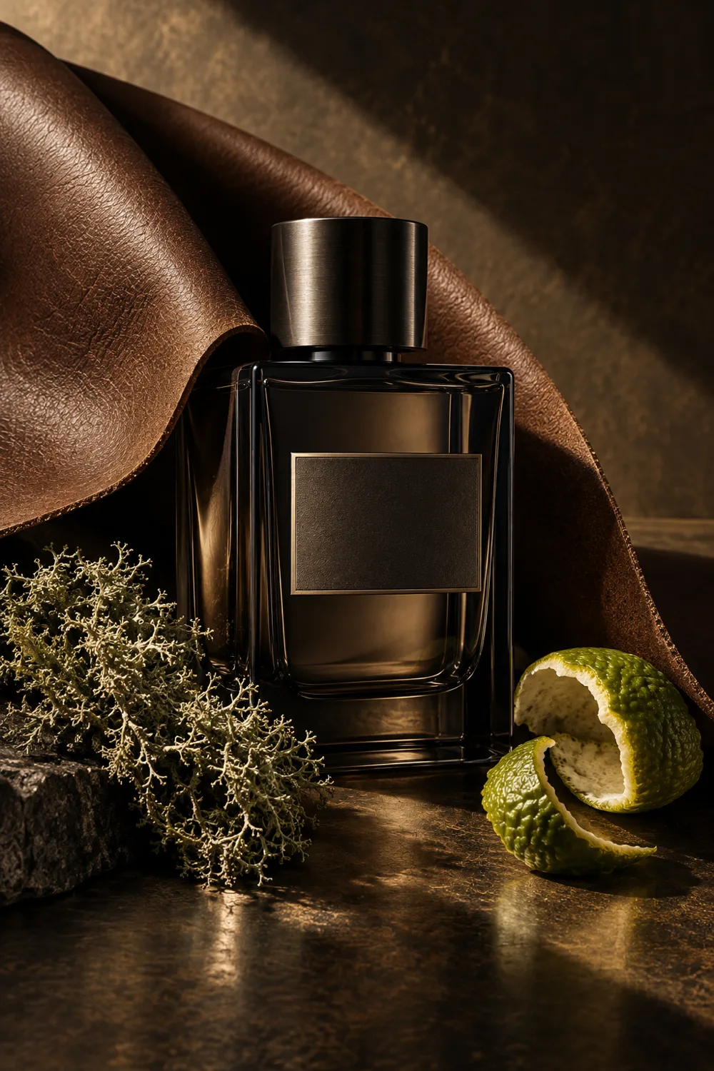 Smoked glass bottle with leather, oakmoss, and bergamot