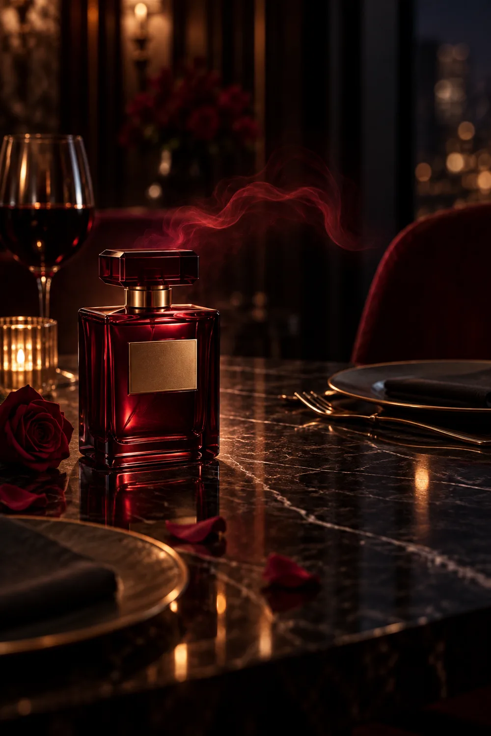 Burgundy fragrance bottle with a restrained crimson mist halo