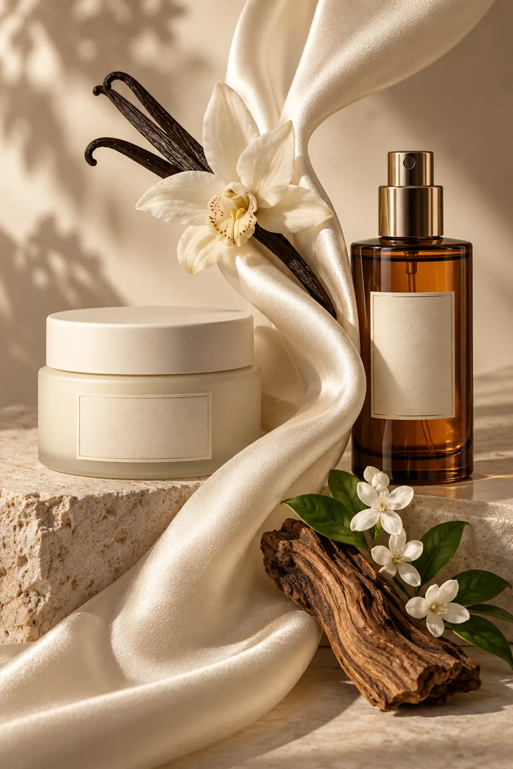 Cream cosmetic jar and amber perfume bottle separated by flowing silk