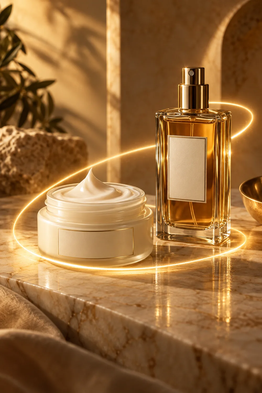 Perfume bottle and moisturizing cream encircled by golden light