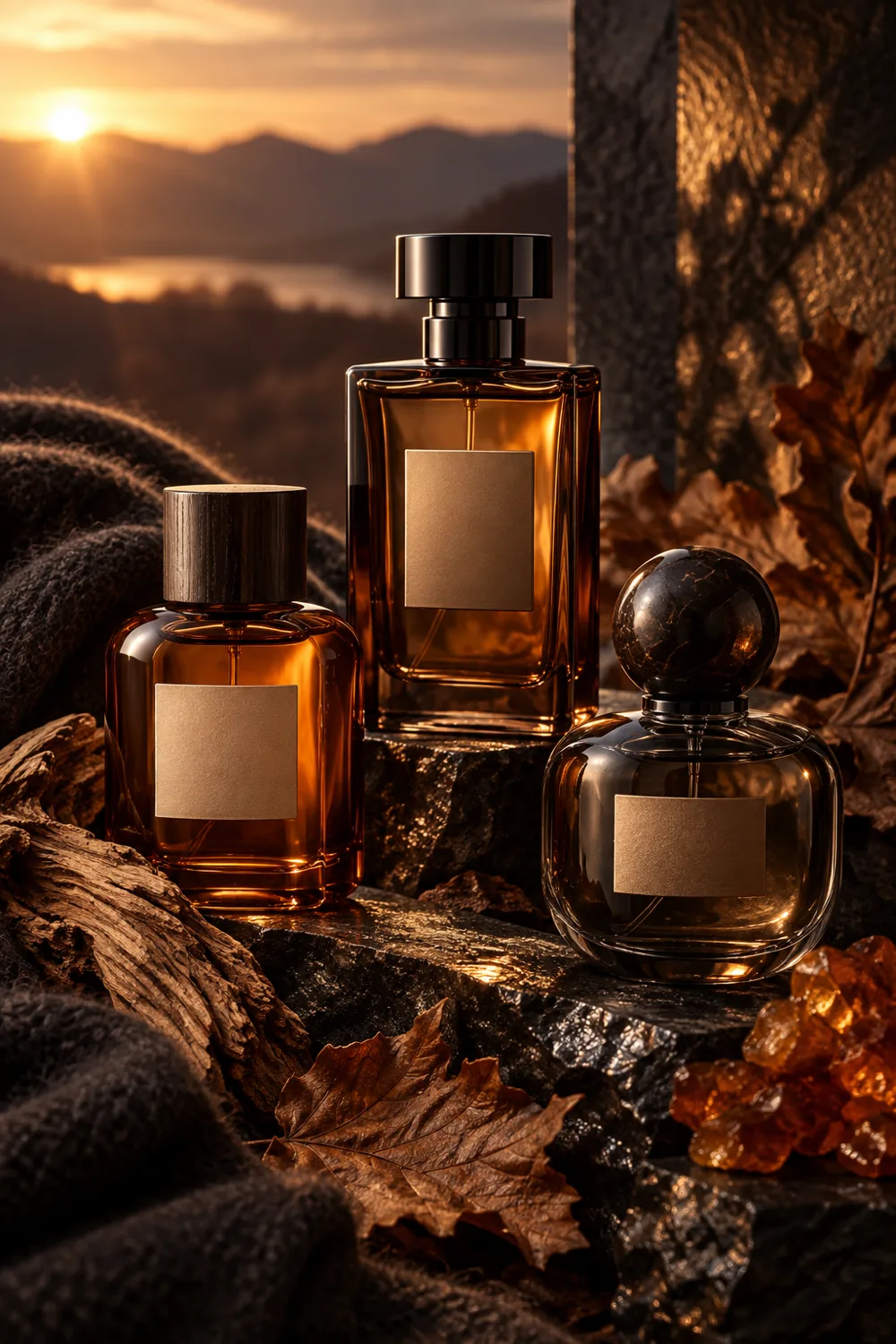 Amber fragrance bottles with wool, cedar, leaves, and warm resin