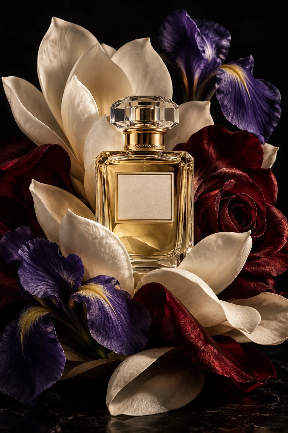 Pale gold fragrance bottle emerging from sculptural flowers