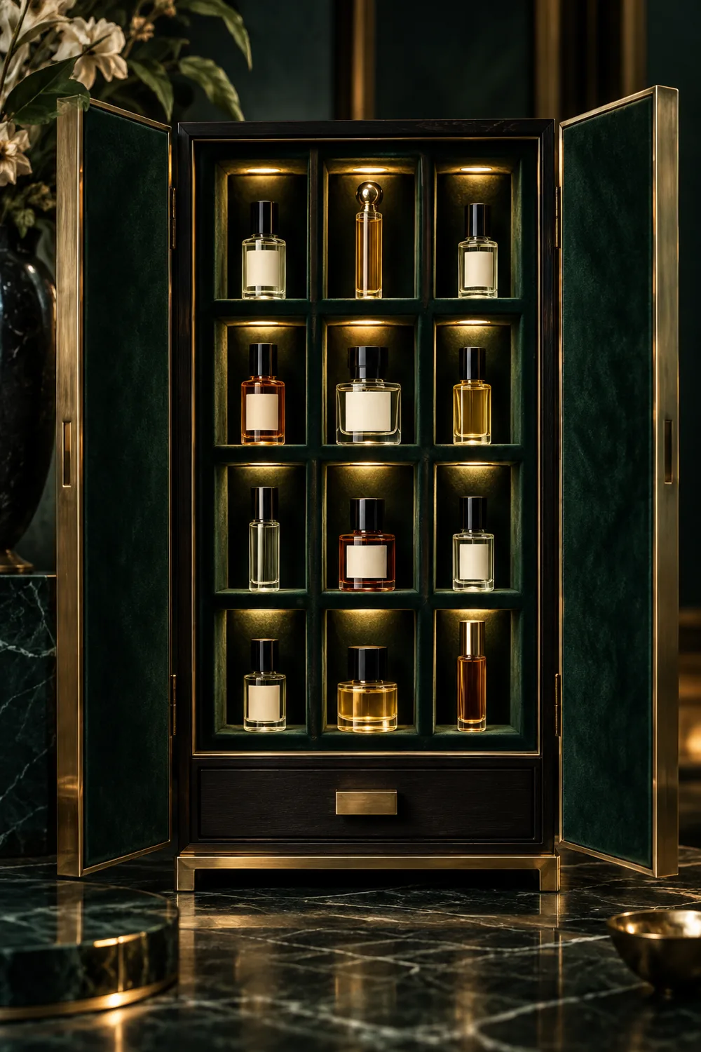 Architectural discovery cabinet filled with miniature fragrance vials
