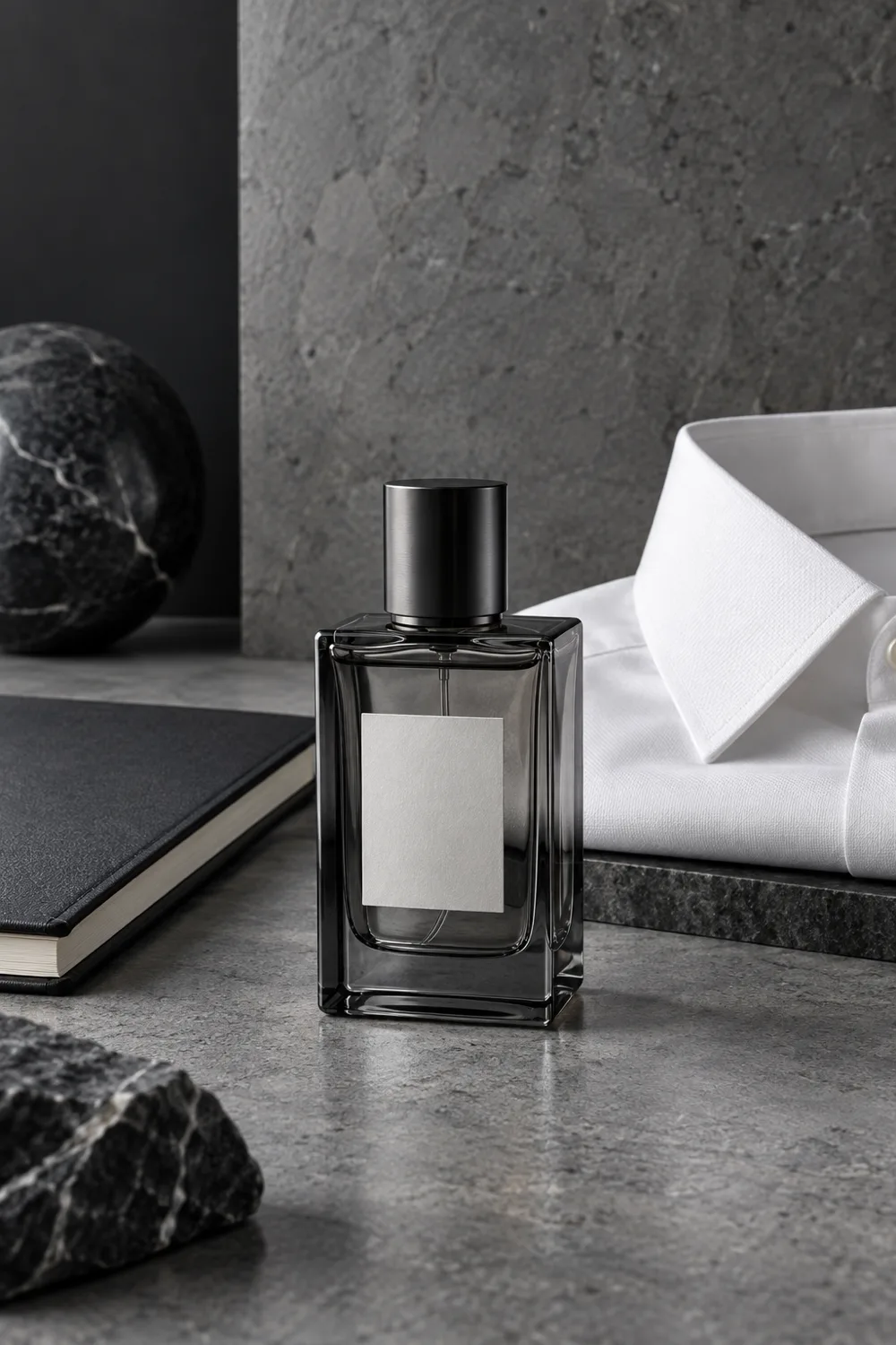 Minimal fragrance atomizer with a notebook and folded collar