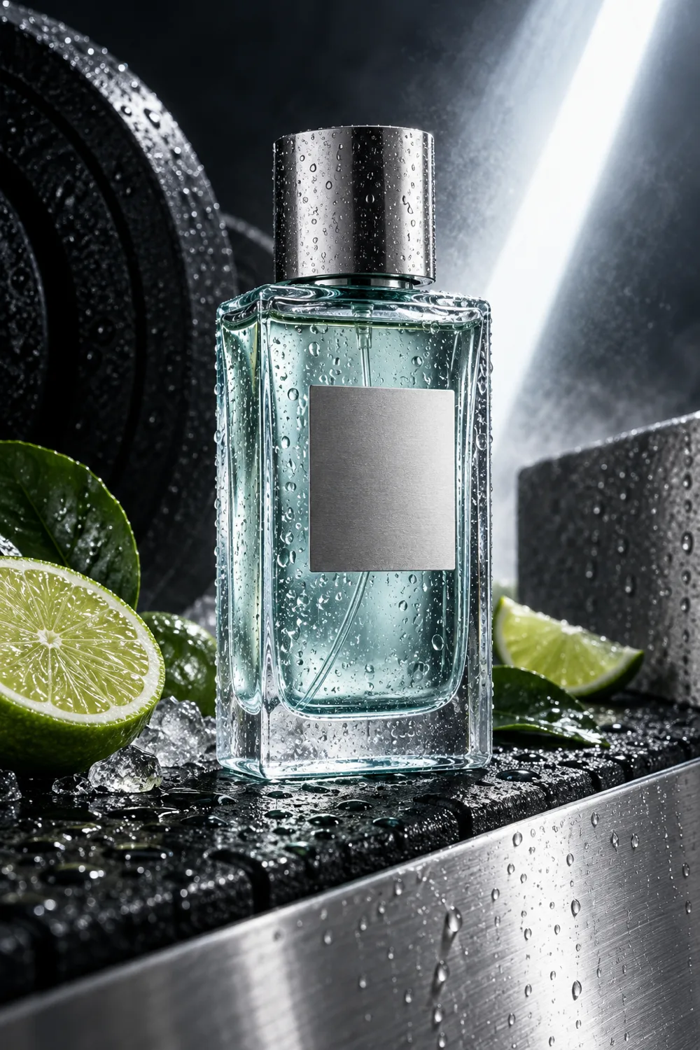 Icy clear fragrance vial with condensation and green citrus