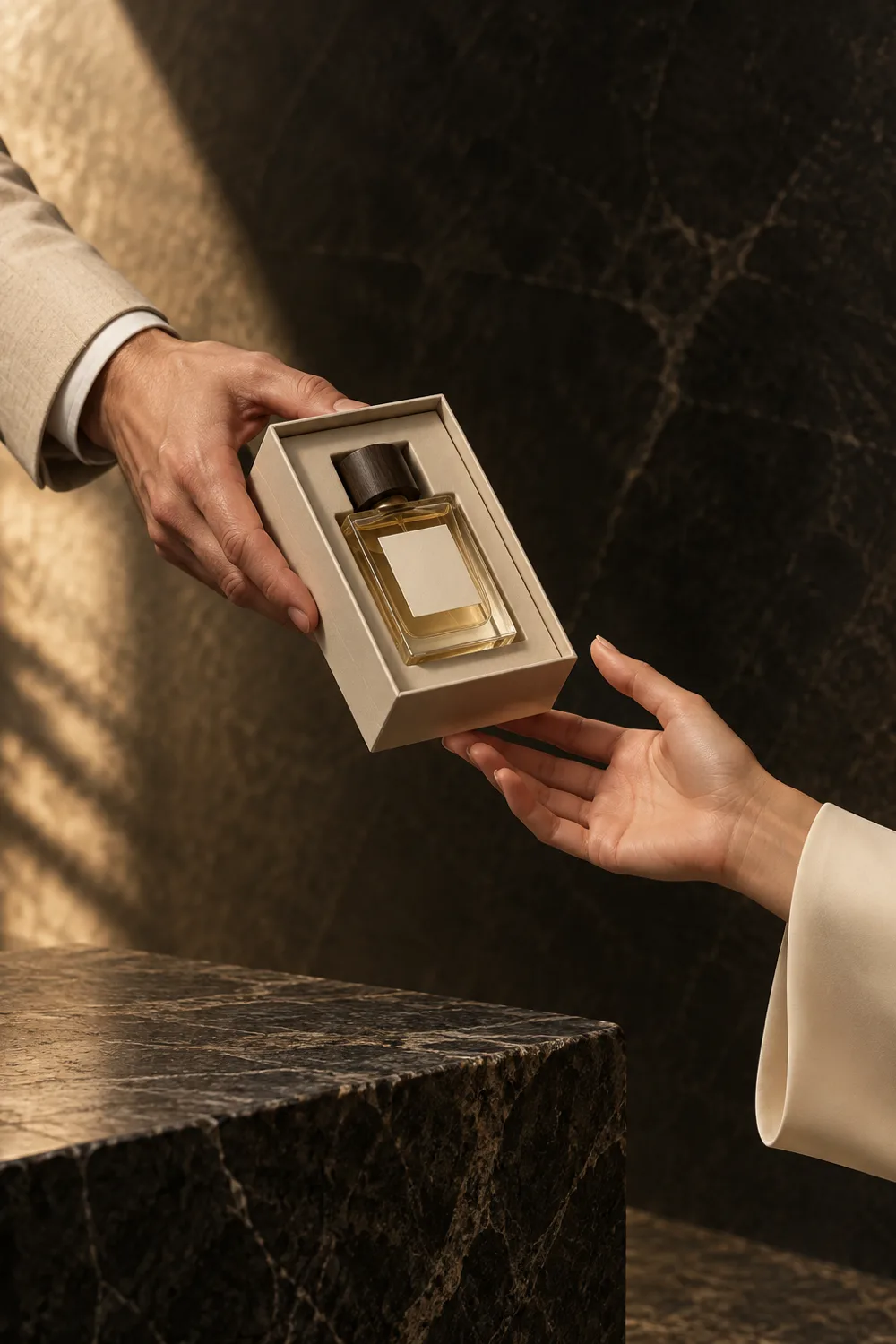 Two hands exchanging an unbranded fragrance gift box