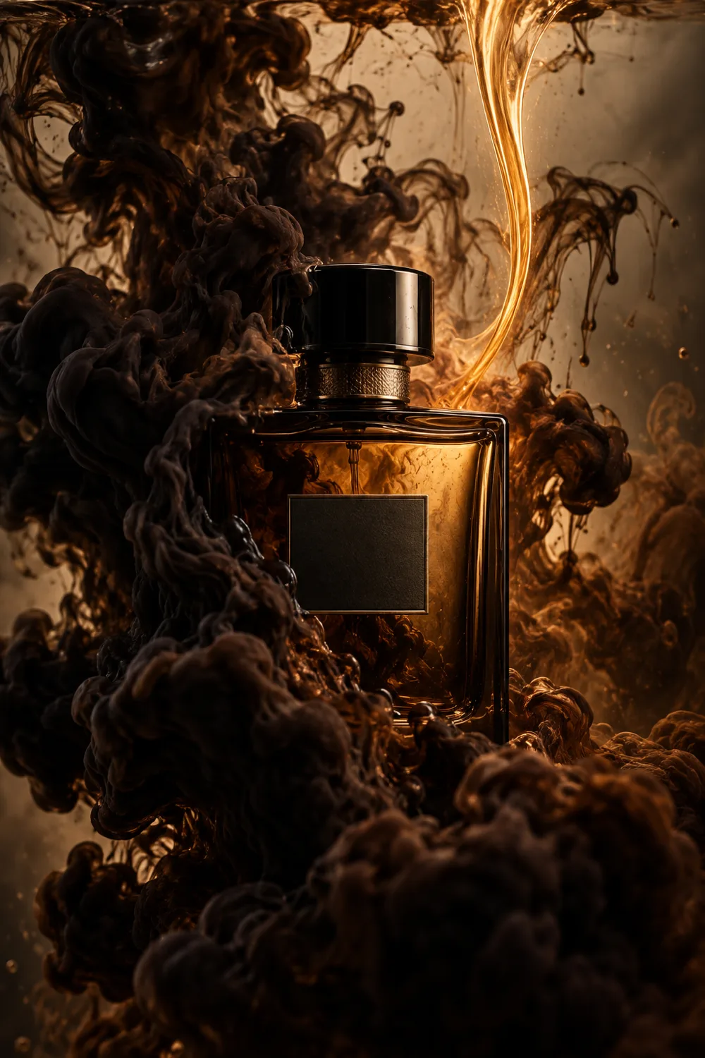 Dark fragrance bottle partly obscured by turbulent ink in water