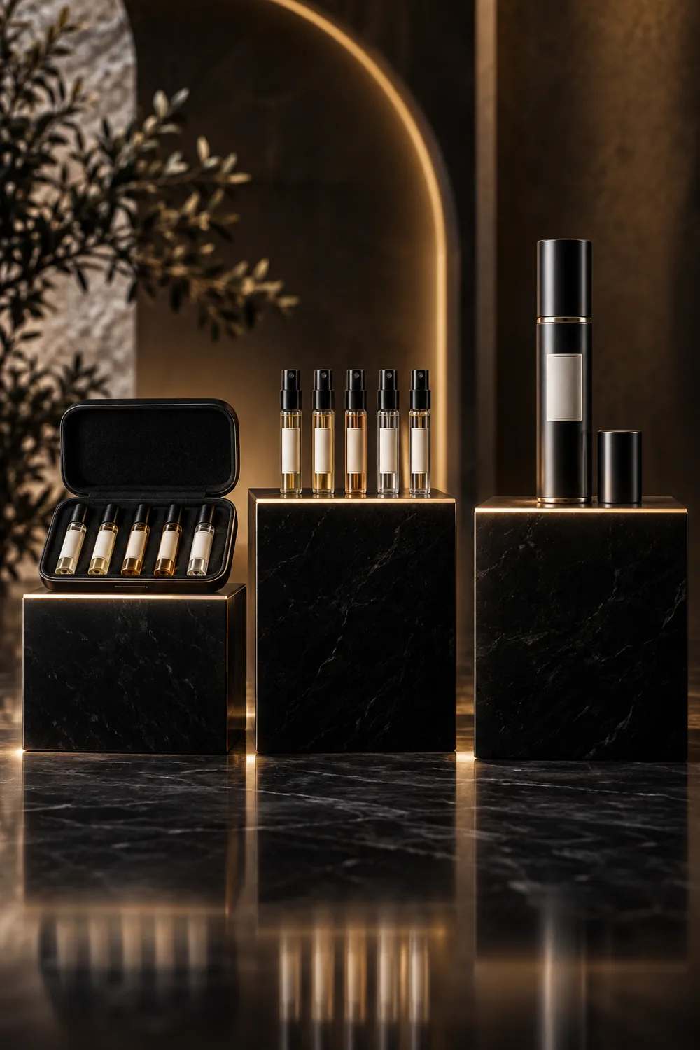 Three fragrance sample systems displayed on illuminated plinths