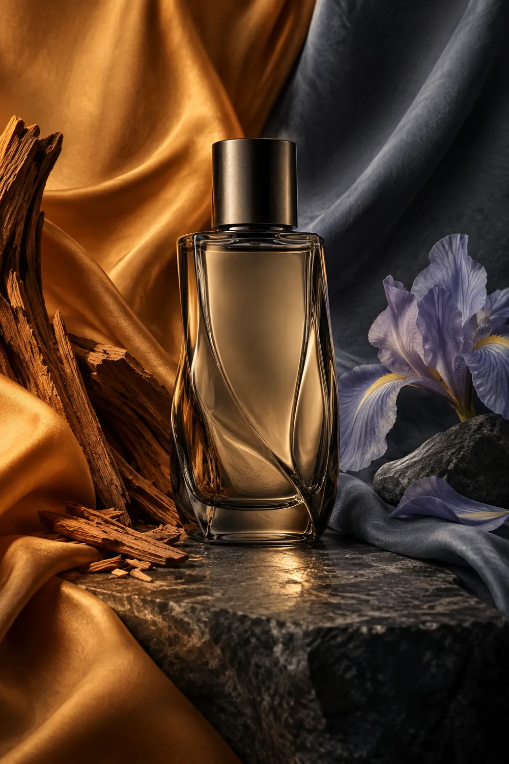 Clear smoke fragrance bottle between amber silk and slate fabric