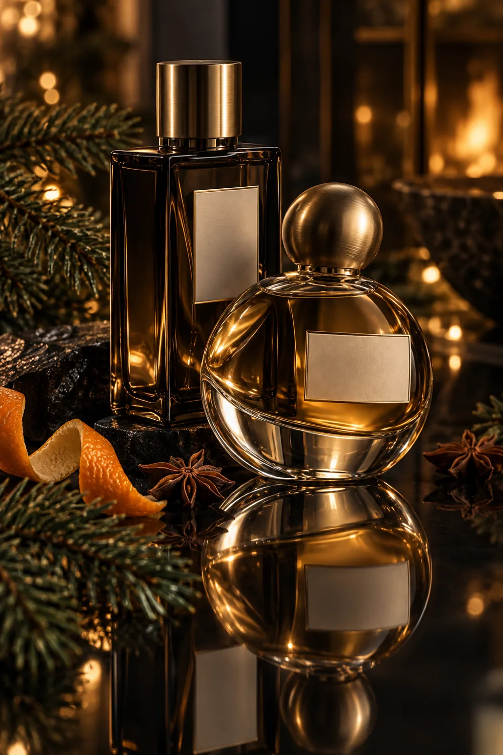 Two fragrance bottles with fir, orange peel, and golden lights