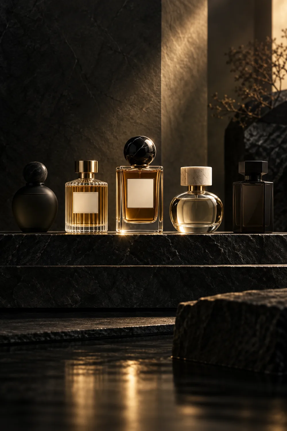 Curated row of fragrance bottles with only three in full light