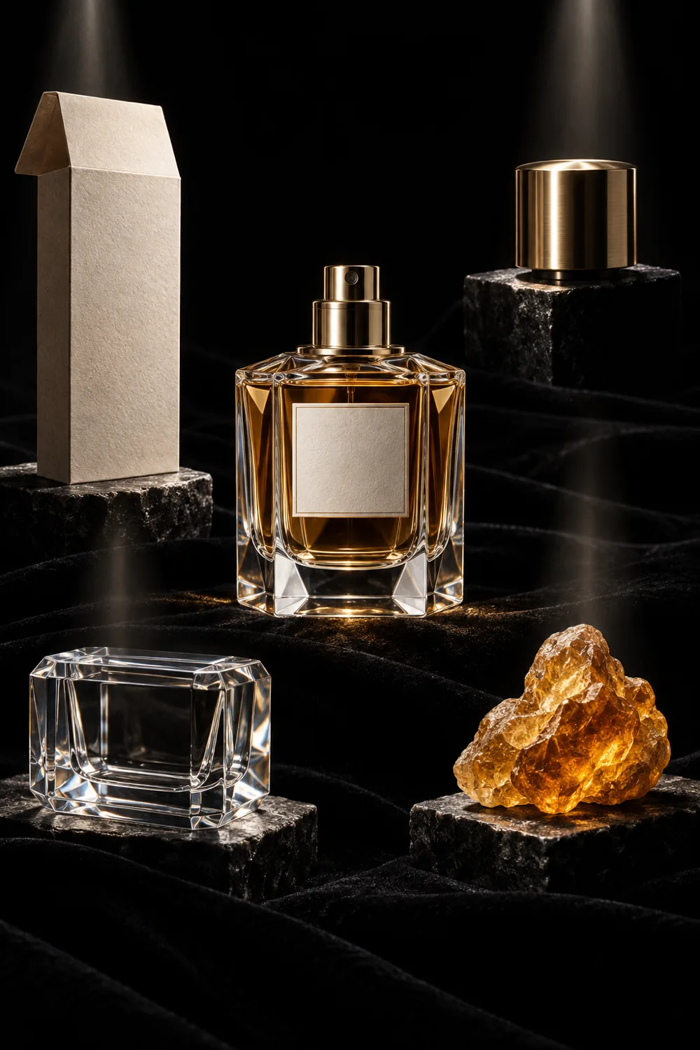 Fragrance bottle surrounded by glass, cap, carton, and ingredient components