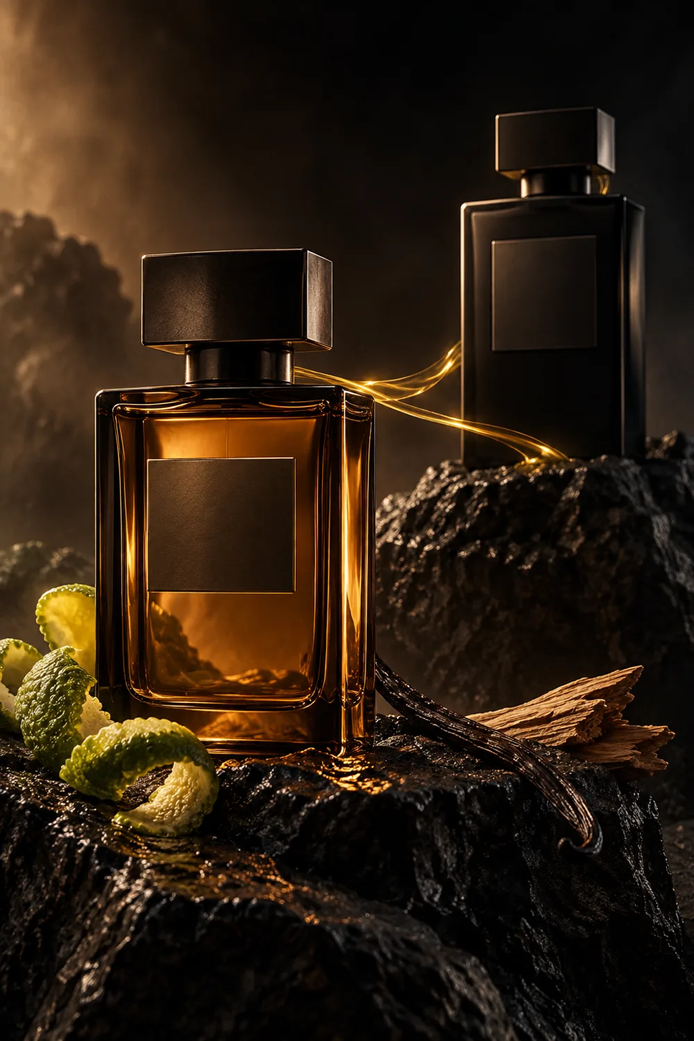 Two unbranded fragrance bottles linked by golden light on black volcanic stone