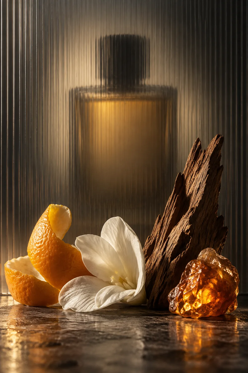 Hidden fragrance silhouette behind glass with citrus, floral, wood, and resin clues