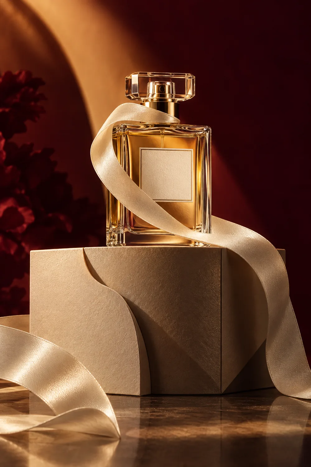 Clear fragrance bottle wrapped with cream silk ribbon above a gift box