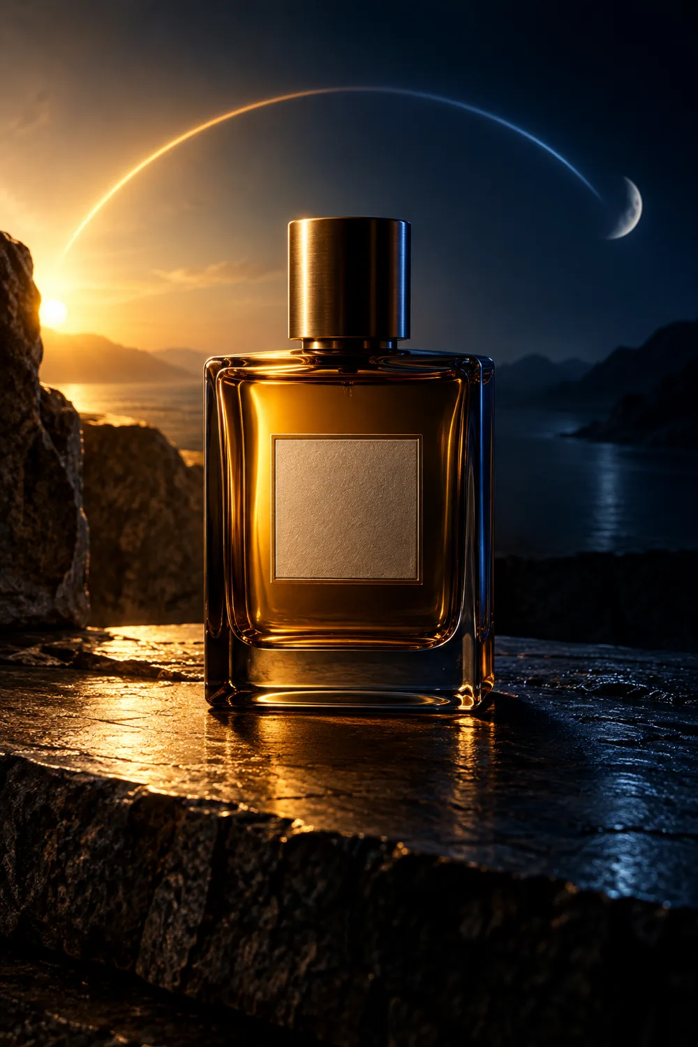 Amber fragrance bottle under an arc of dawn-to-night light