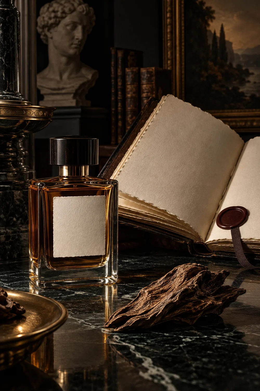 Unbranded fragrance bottle beside a blank archival folio and wax seal