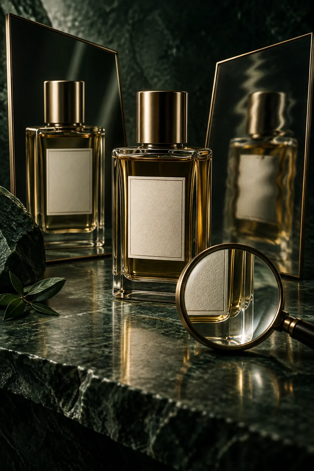 Fragrance bottle in crisp and distorted mirrors beside a magnifying lens