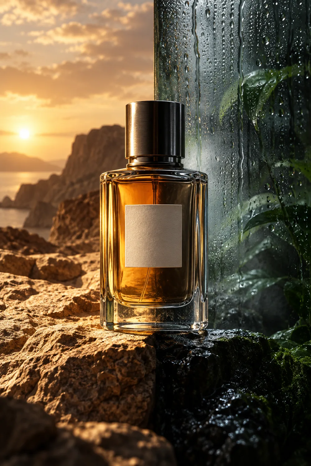 Fragrance bottle between dry warm stone and cool condensation