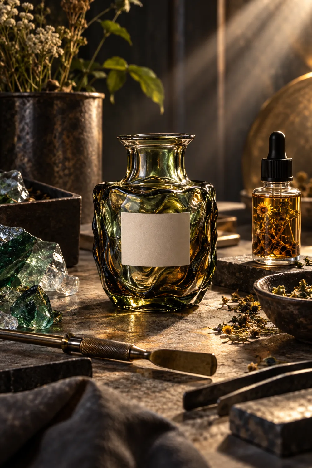 Hand-cast fragrance bottle with raw perfumery materials on a workbench