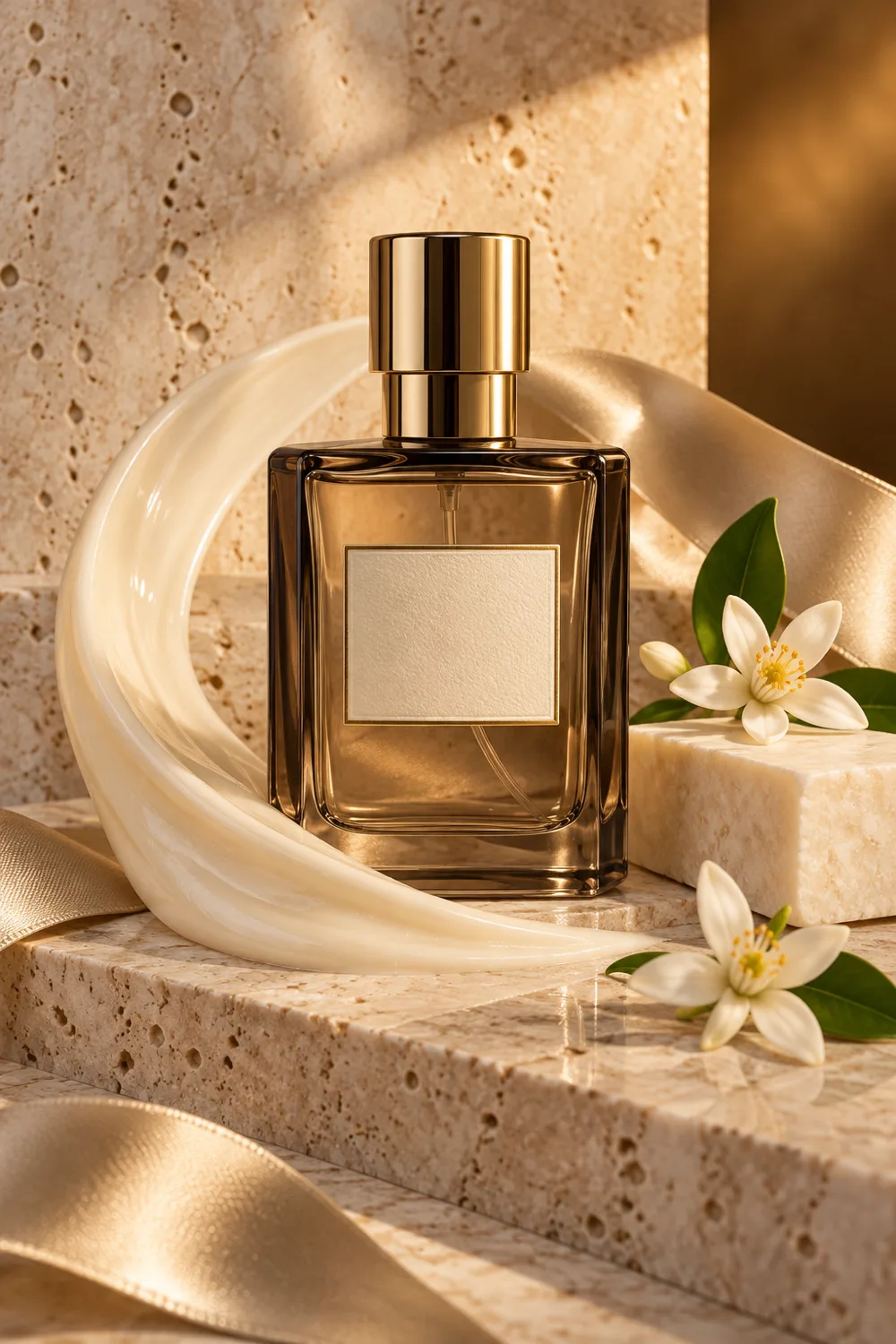Cream lotion and an amber fragrance atomizer staged on ivory stone