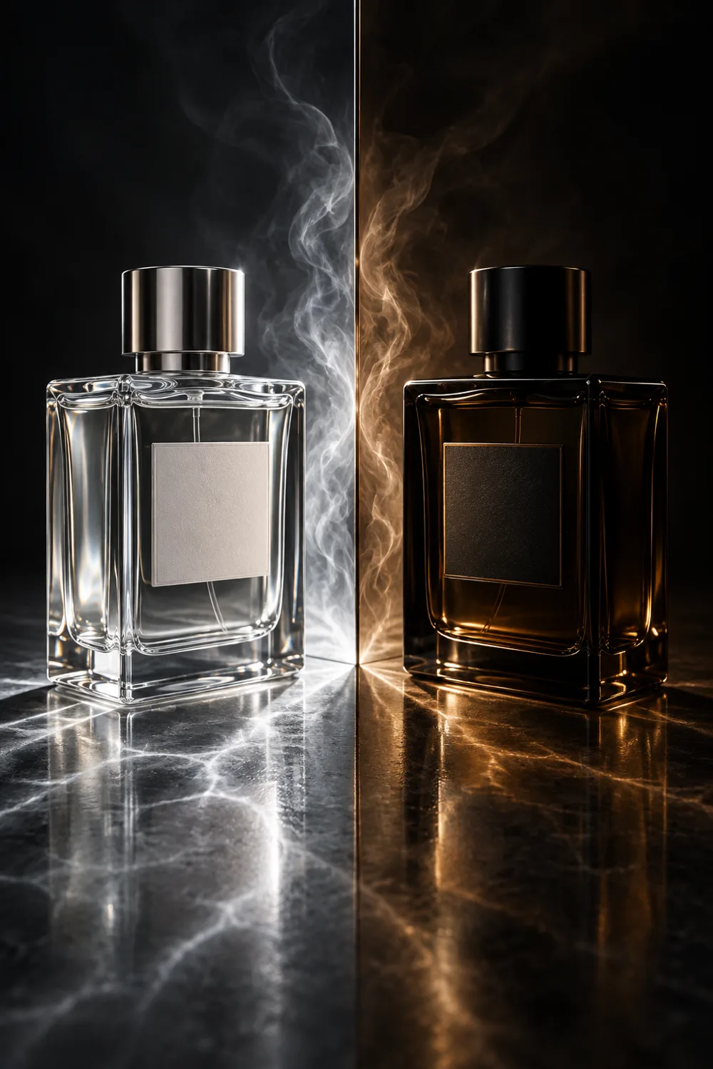 Clear and black fragrance bottles divided by a mirrored seam and merging light