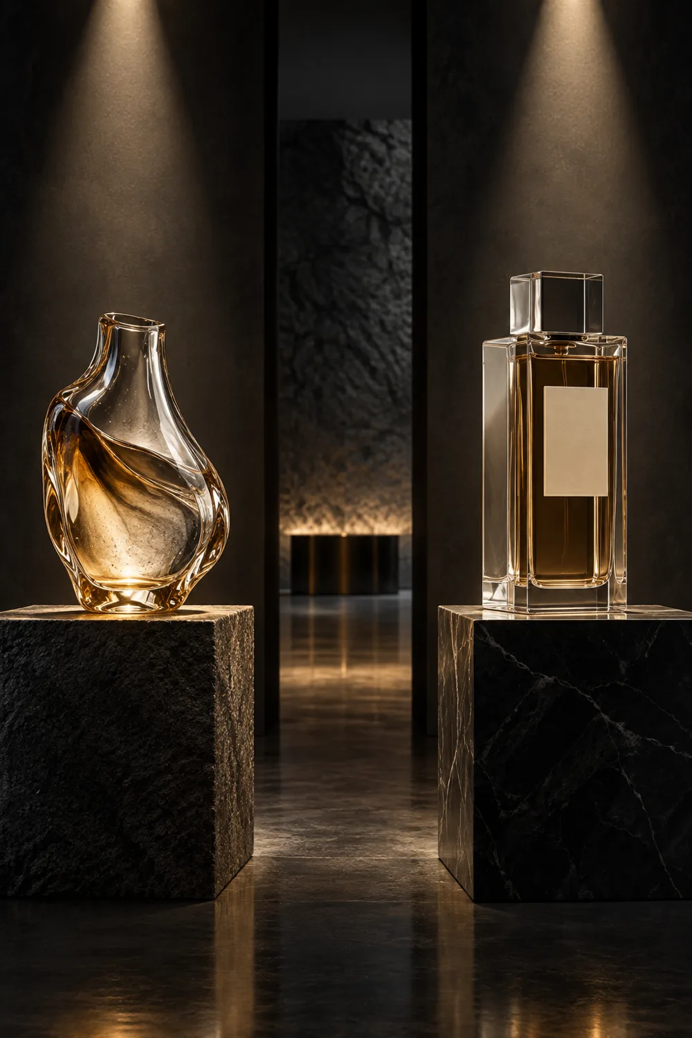 Hand-blown and architectural fragrance bottles on separate gallery plinths