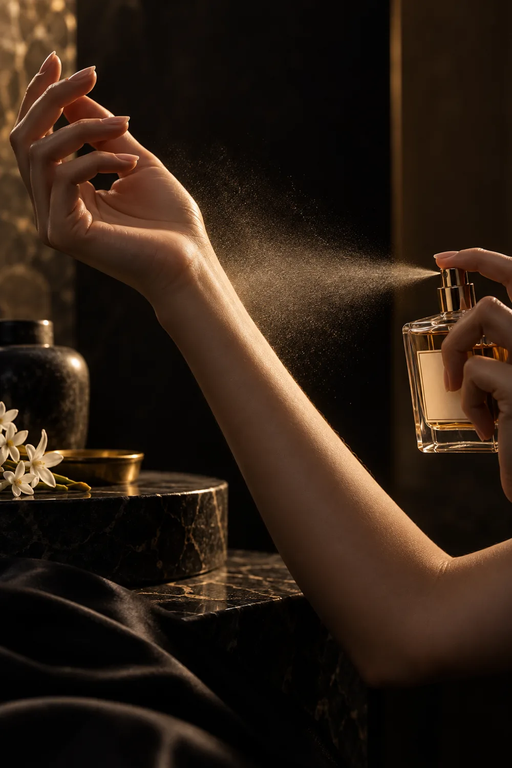 Fine golden fragrance mist above the pulse point of a wrist