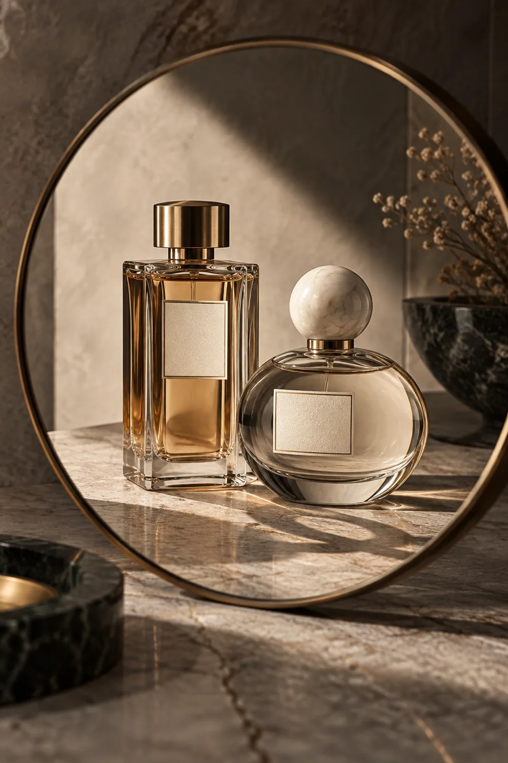 Two complementary fragrance bottles reflected in a circular mirror