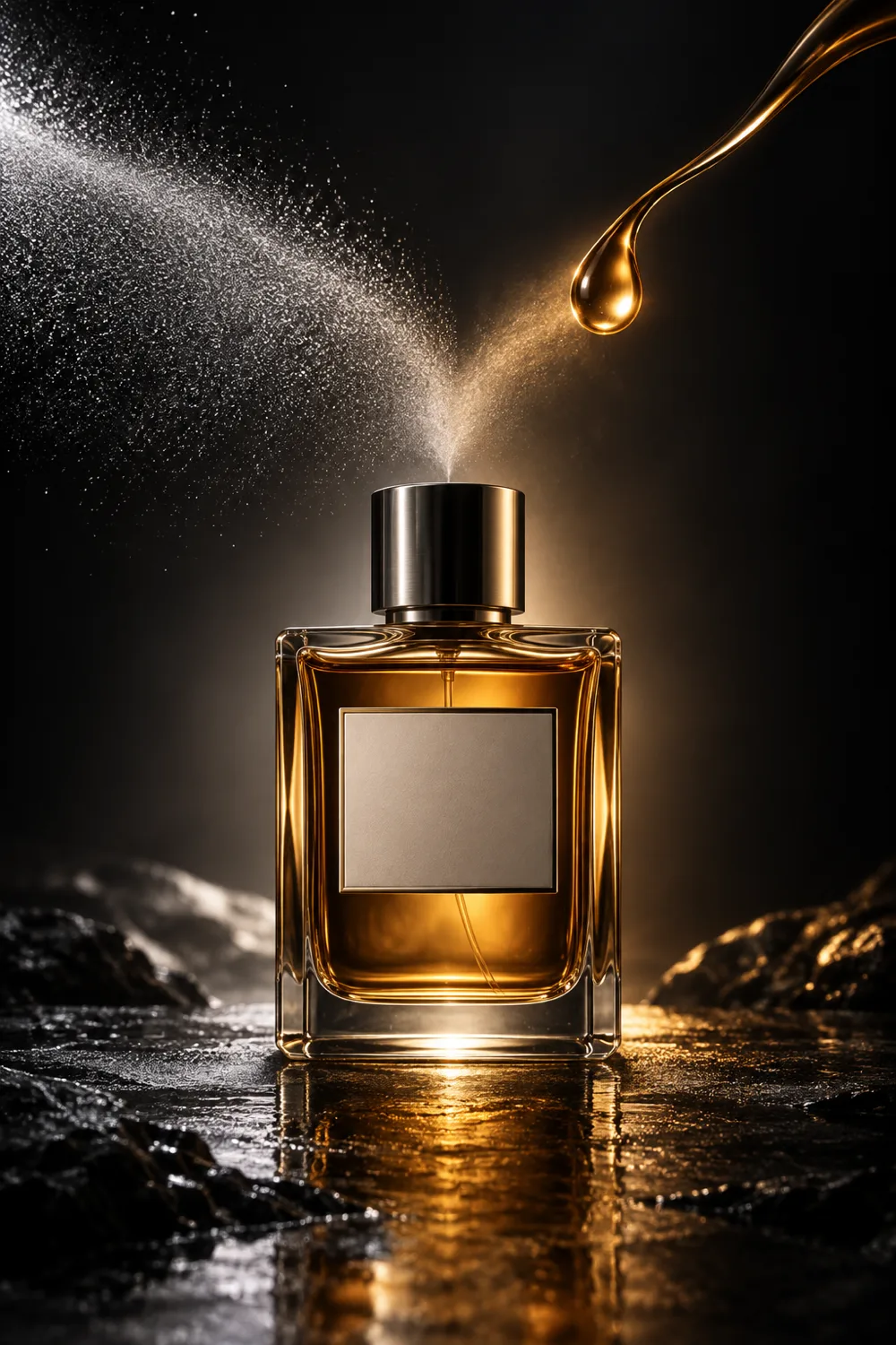 Atomized mist and a single fragrance droplet beside a bottle