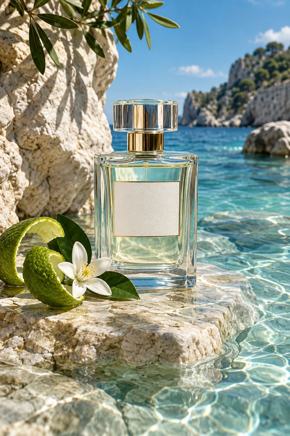 Clear fragrance bottle rising from turquoise water and pale stone