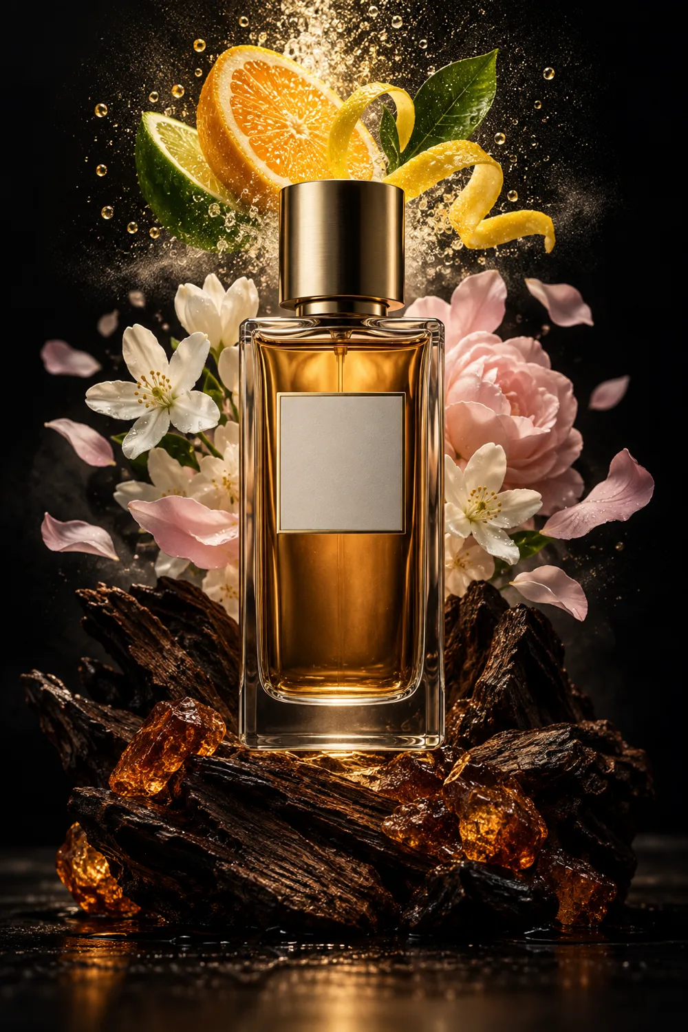 Fragrance bottle rising through citrus, floral, and woody layers