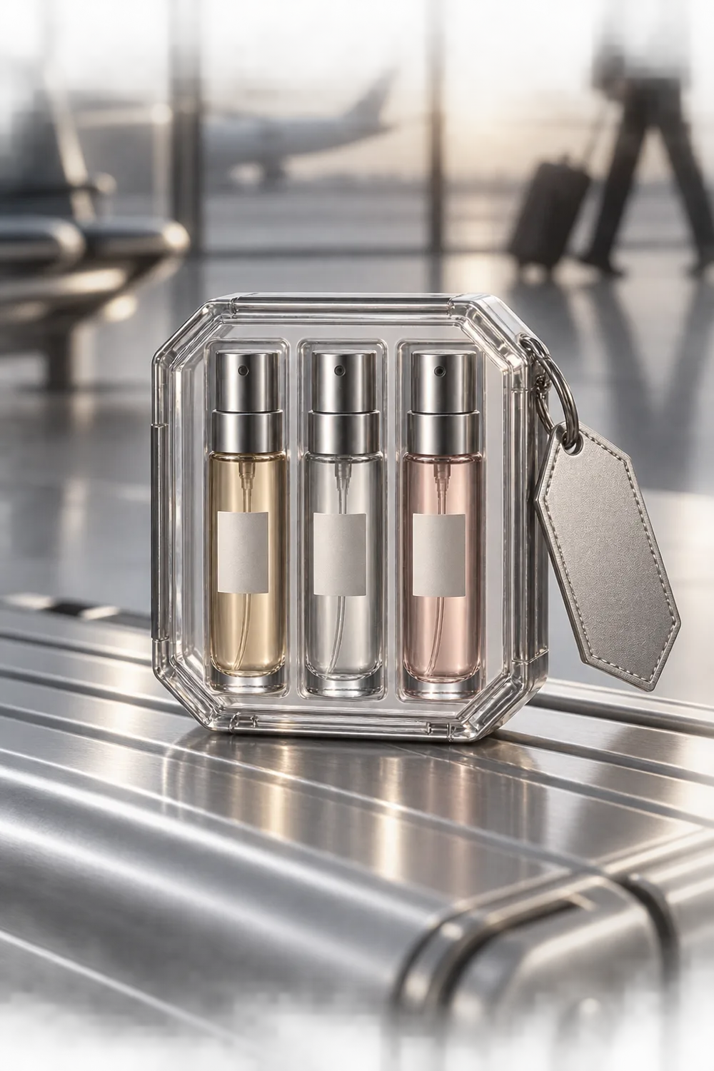 Three compact travel atomizers inside a transparent case