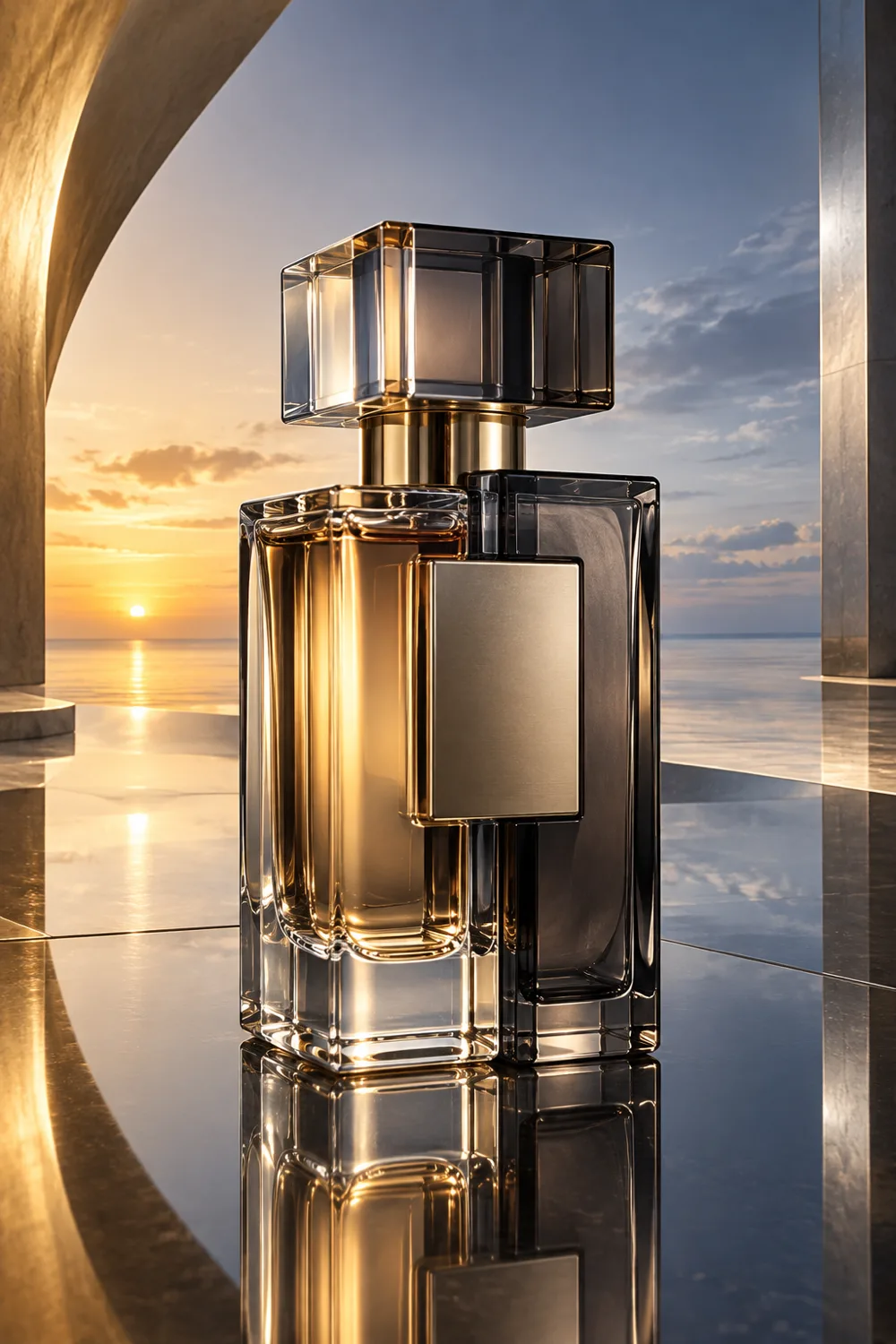 Architectural fragrance bottle formed from clear and smoked glass