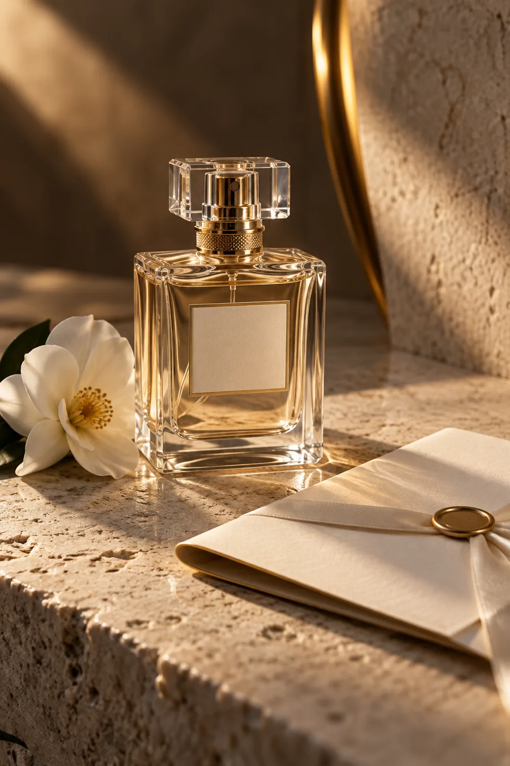 Clear fragrance bottle with ivory silk and a white flower