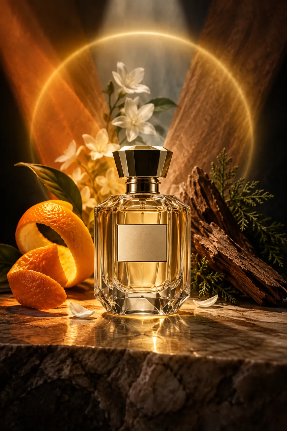 Citrus, jasmine, and cedar lights overlapping around a glass fragrance bottle