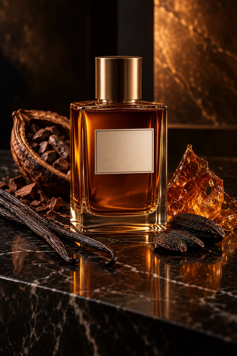 Amber perfume bottle with vanilla, cacao, and caramelized sugar