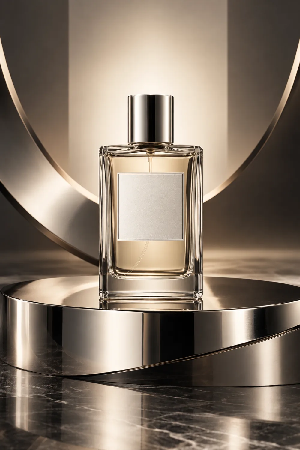 Minimal glass fragrance bottle on a polished chrome stage