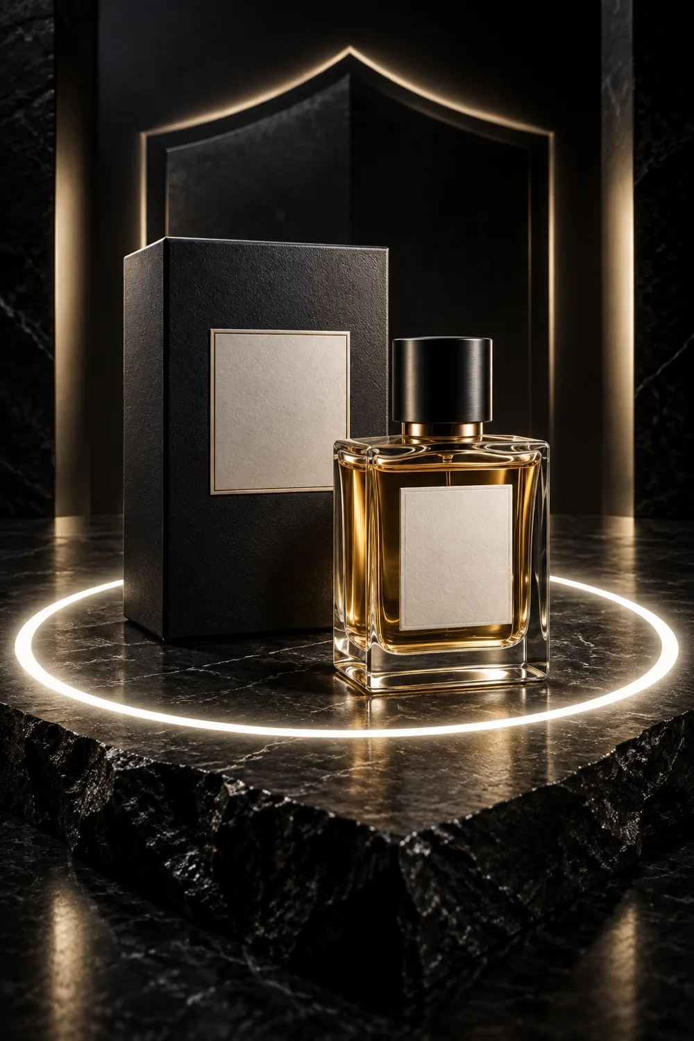 Sealed fragrance box and bottle inside a protective circle of light