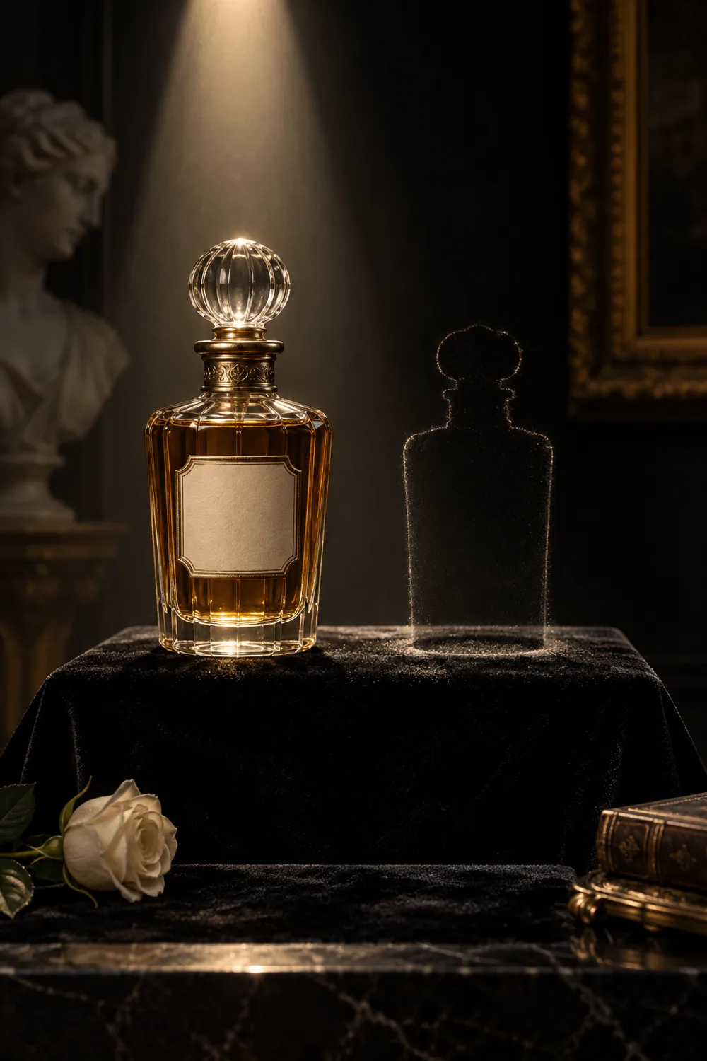 Vintage-inspired fragrance bottle beside an empty outline under museum light